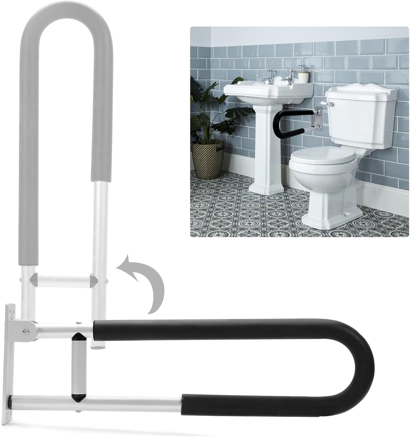 KUAFU 23.6 Inch Handicap Grab Bars Flip Up Folding Toilet Grab Bar Rails Bathroom Safety Bar Hand Support for Disabled Elderly Pregnant Woman Wall Mounted Aluminum Silver