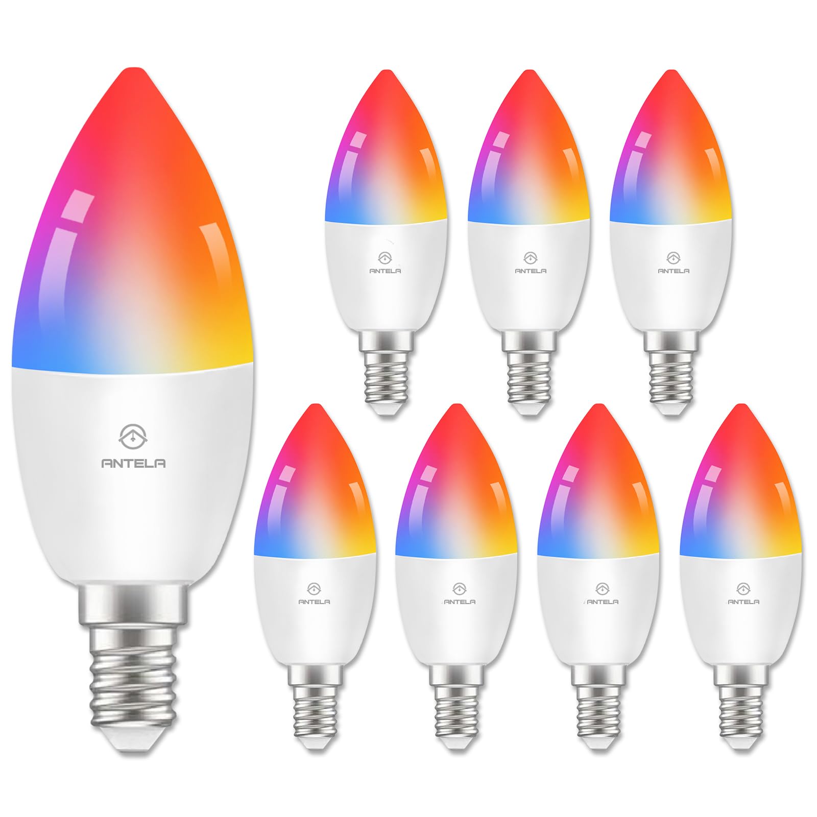 ANTELA Lampadina Alexa E14 Wifi, Dimmerabile Lampadina Smart, RGBW bianco freddo caldo, compatibile con Alexa/Google Home, 8 pezzi