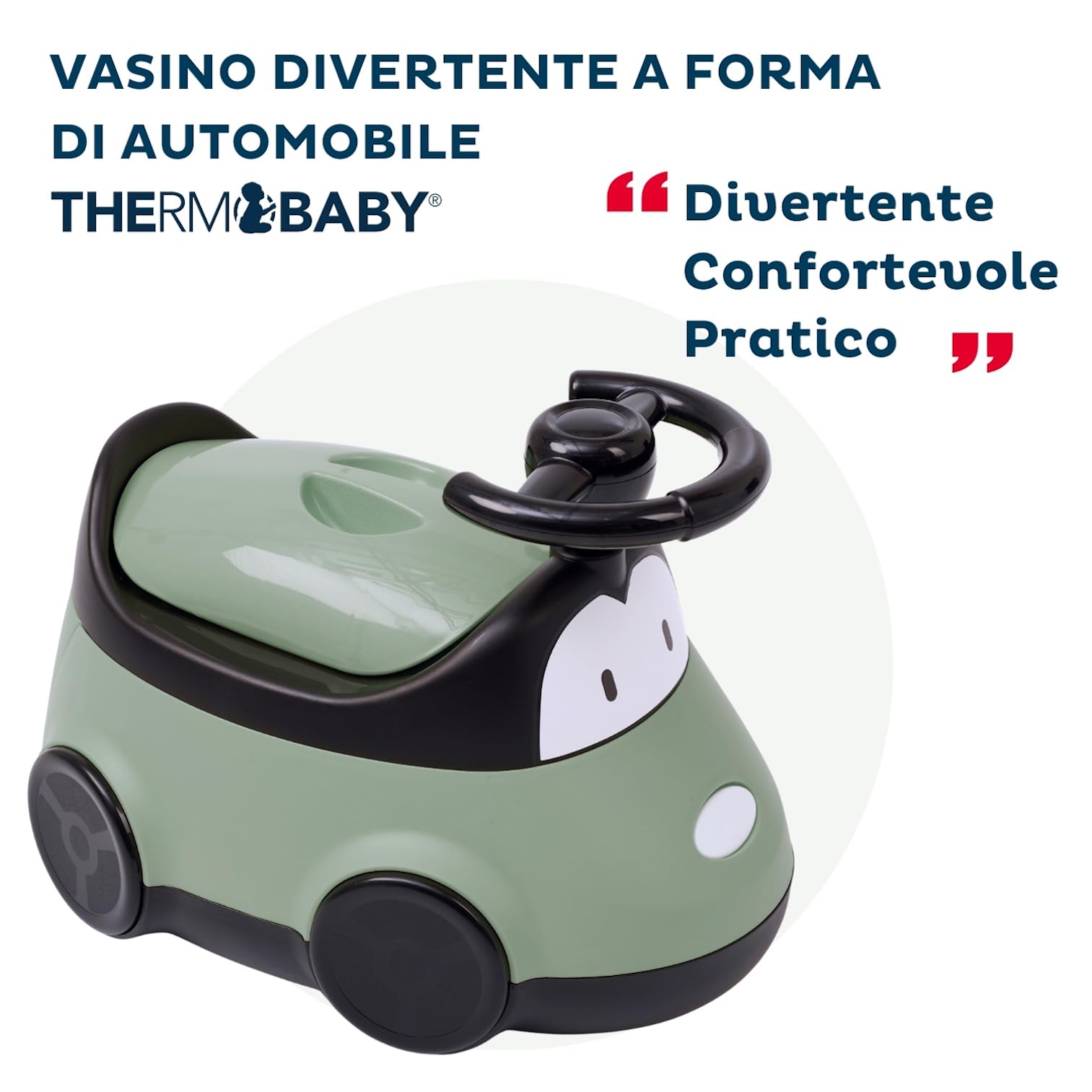 THERMOBABY - Vasino a forma di AUTO - Vasino Macchina - WC per Bambini divertente - Educazione al Vasino - Verde salvia - da 18 mesi in su | Pentola divertente e confortevole per accompagnare l'apprendimento della pulizia a partire da 18 mesi.