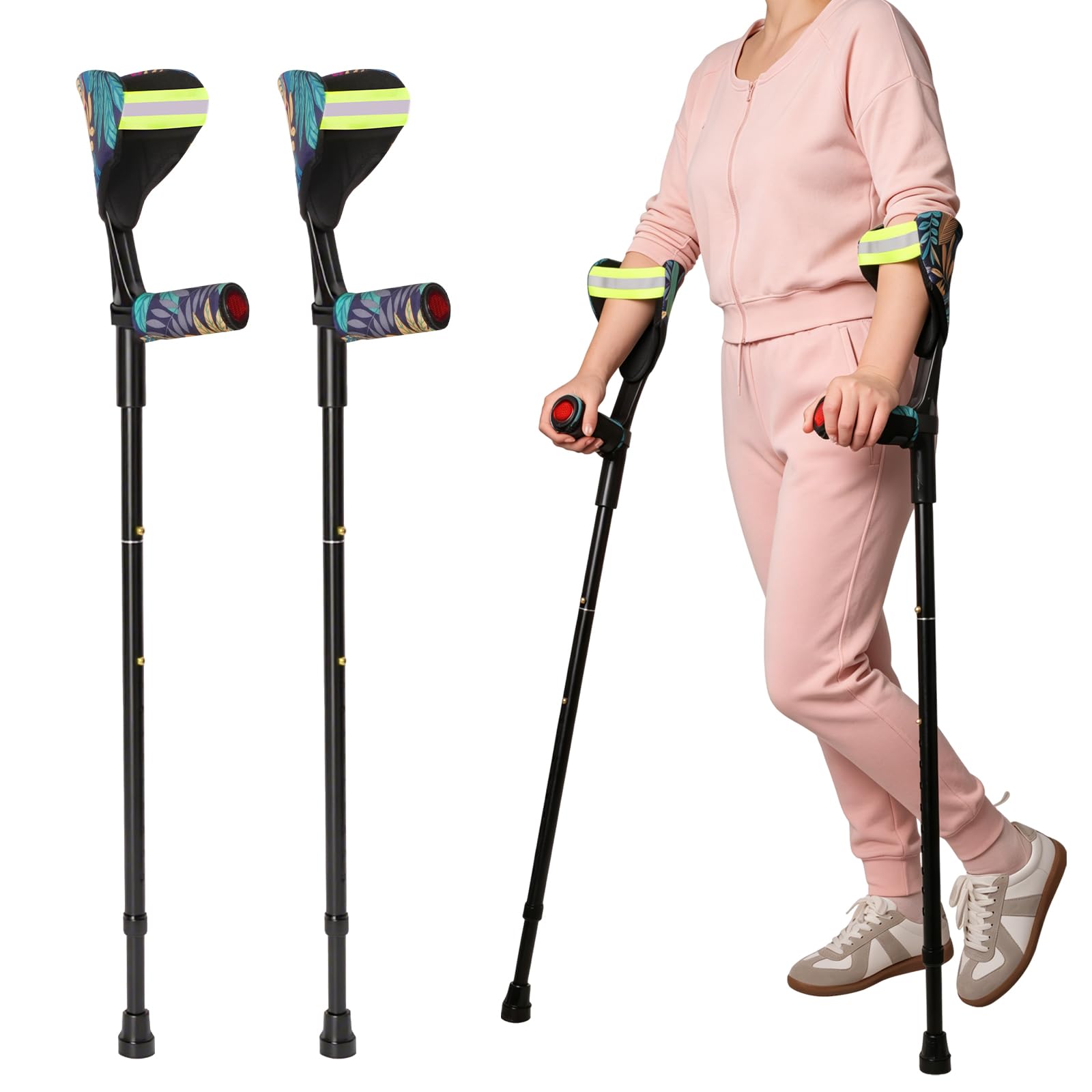 Béquilles d'avant-bras pour adultes, lot de 2, béquilles réglables avec sangle de coude et coussin, béquilles portables et pliables, Couleur des feuilles et des fleurs