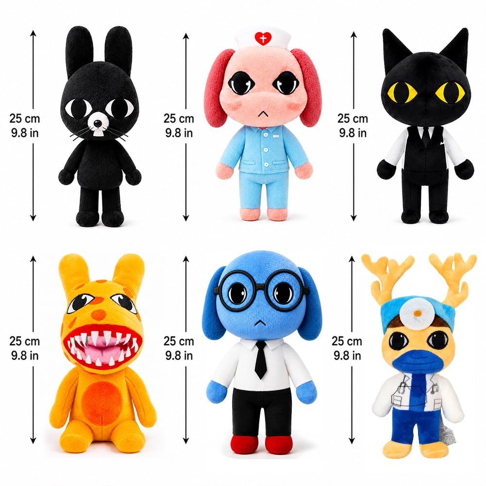 Animal Hospital Peluche da collezione ispirato al gioco (6 pezzi) | Set di peluche ispirato al gioco dell'ospedale con cotone PP, dettagli ricamati e design sicuro per giochi di ruolo