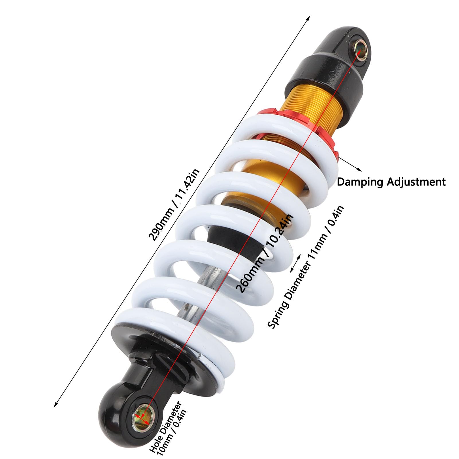 Ammortizzatore per moto da 260 mm, ammortizzatore a sospensione universale con molla da 11 mm di diametro e smorzamento regolabile per moto da cross, ATV, quad, go-kart e scooter d
