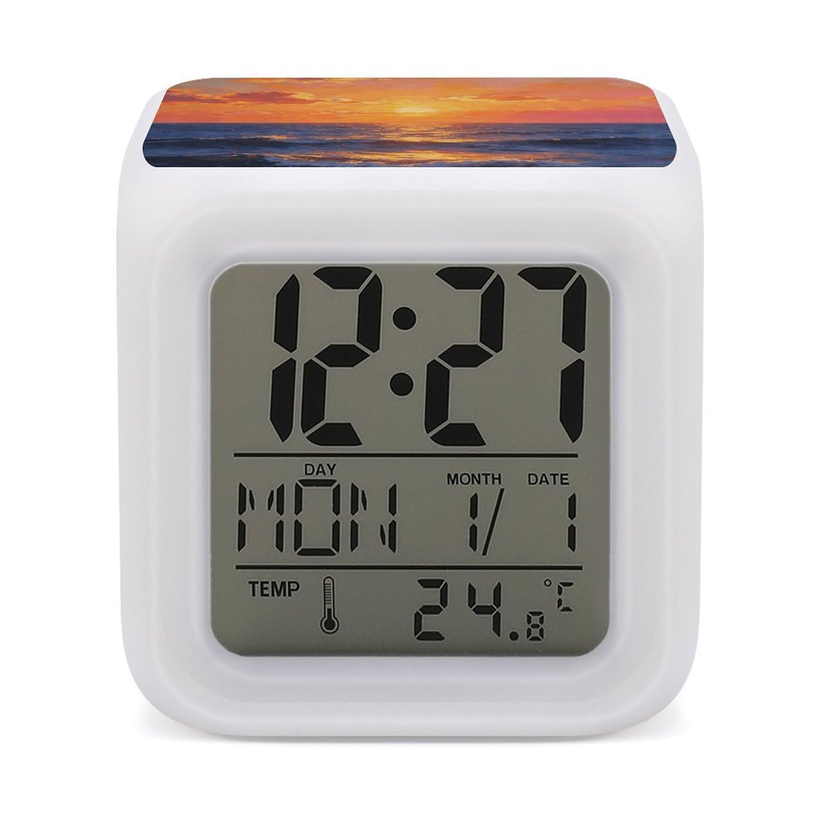 LZQPOEAS Oceanic Sunset Alarm Clock with 7 Color Changing Nightlight for Bedroom Calendar Temperature Display Wake Up Digital Clock Small Desk Clocks for Heavy Sleepers Adults