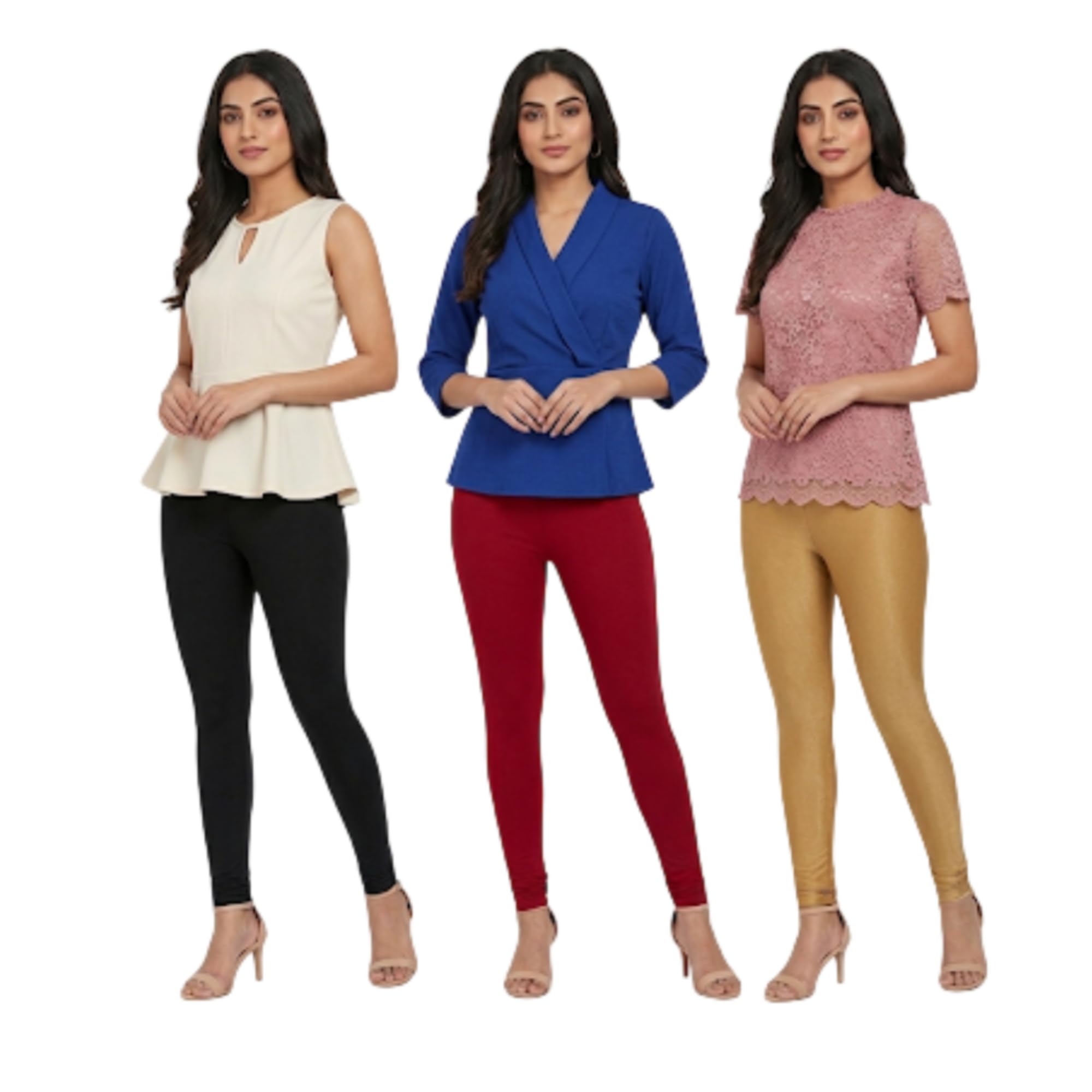 Women's Leggings Combo Pack of 3, Black, Red and Gold, Slim Fit Tights-picture-32