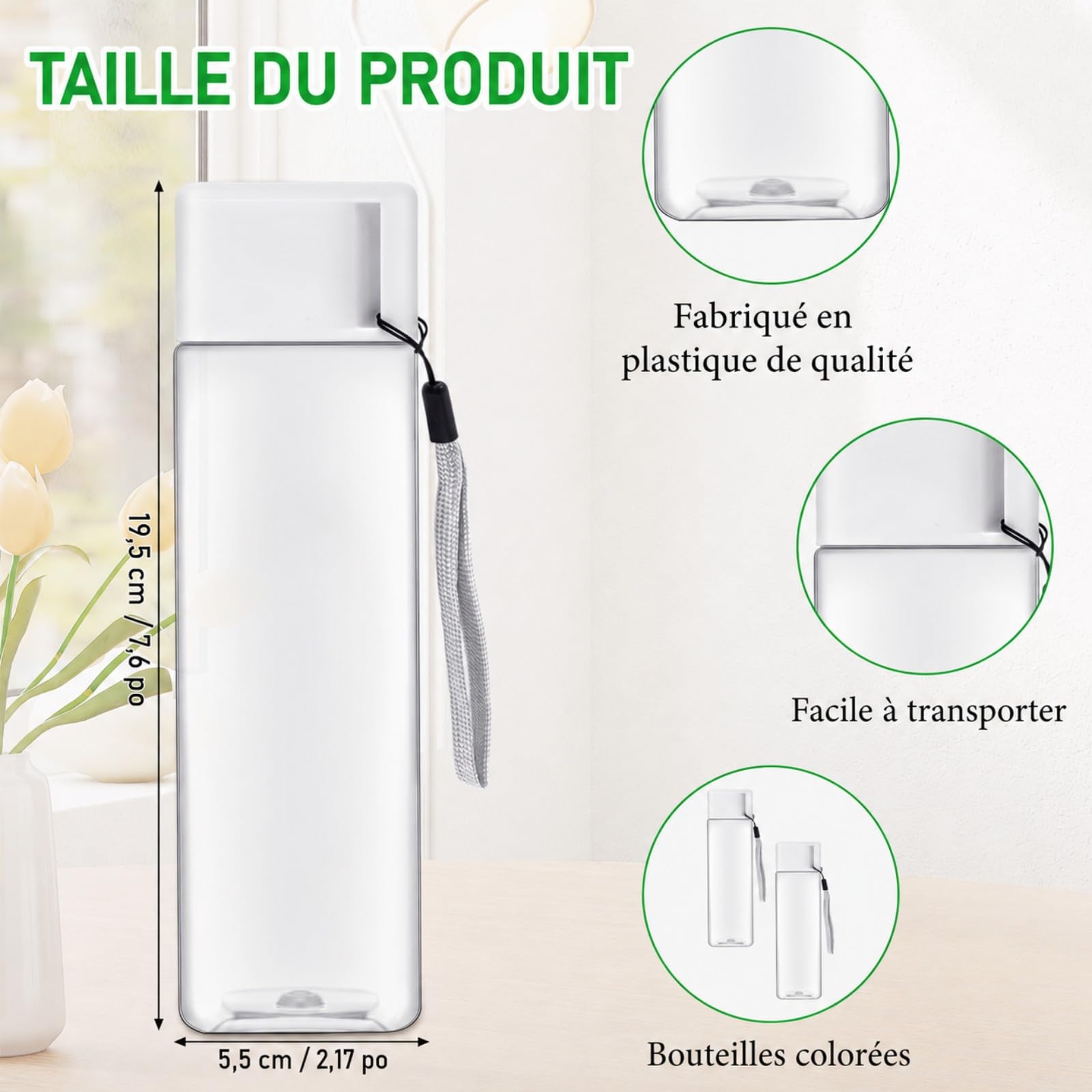 Lot de 20 Gourdes d'Eau Transparentes 500ml - Bouteille Plastique Sans BPA - Design Carré Unique, Étanches et Réutilisables - Idéal pour École, Sport, Gym, Bureau et Voyage - Bouchon Blanc Épuré