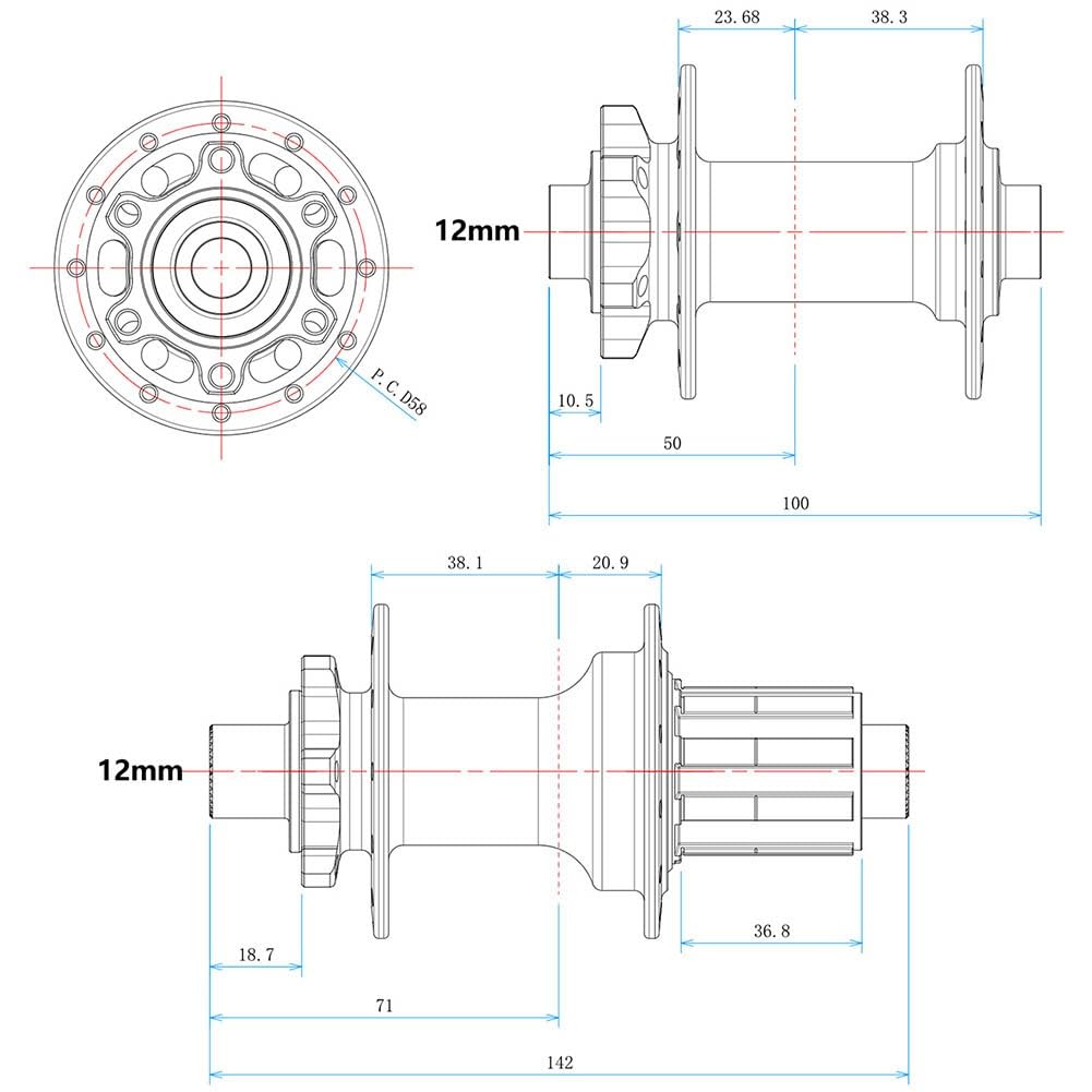 Juego de bujes delanteros y traseros para bicicleta, 24 horas, 12 mm, eje pasante, disco de 6 pernos para casete HG 1112 Speed