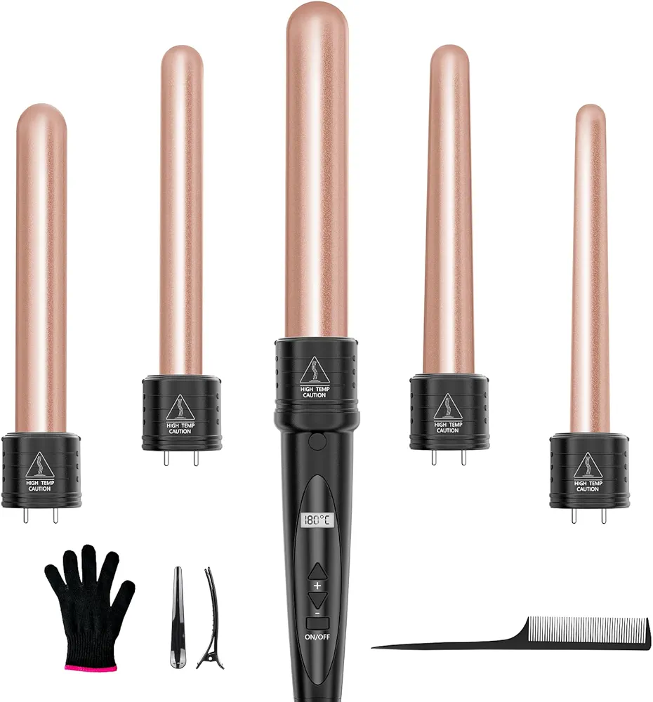 Fer à Boucler Électrique 5 en 1 en Céramique Chauffage Rapide avec Écran LCD Température Réglable Boucleurs Polyvalents de 9-32mm et Gant de Protection pour Grandes & Petites Boucles