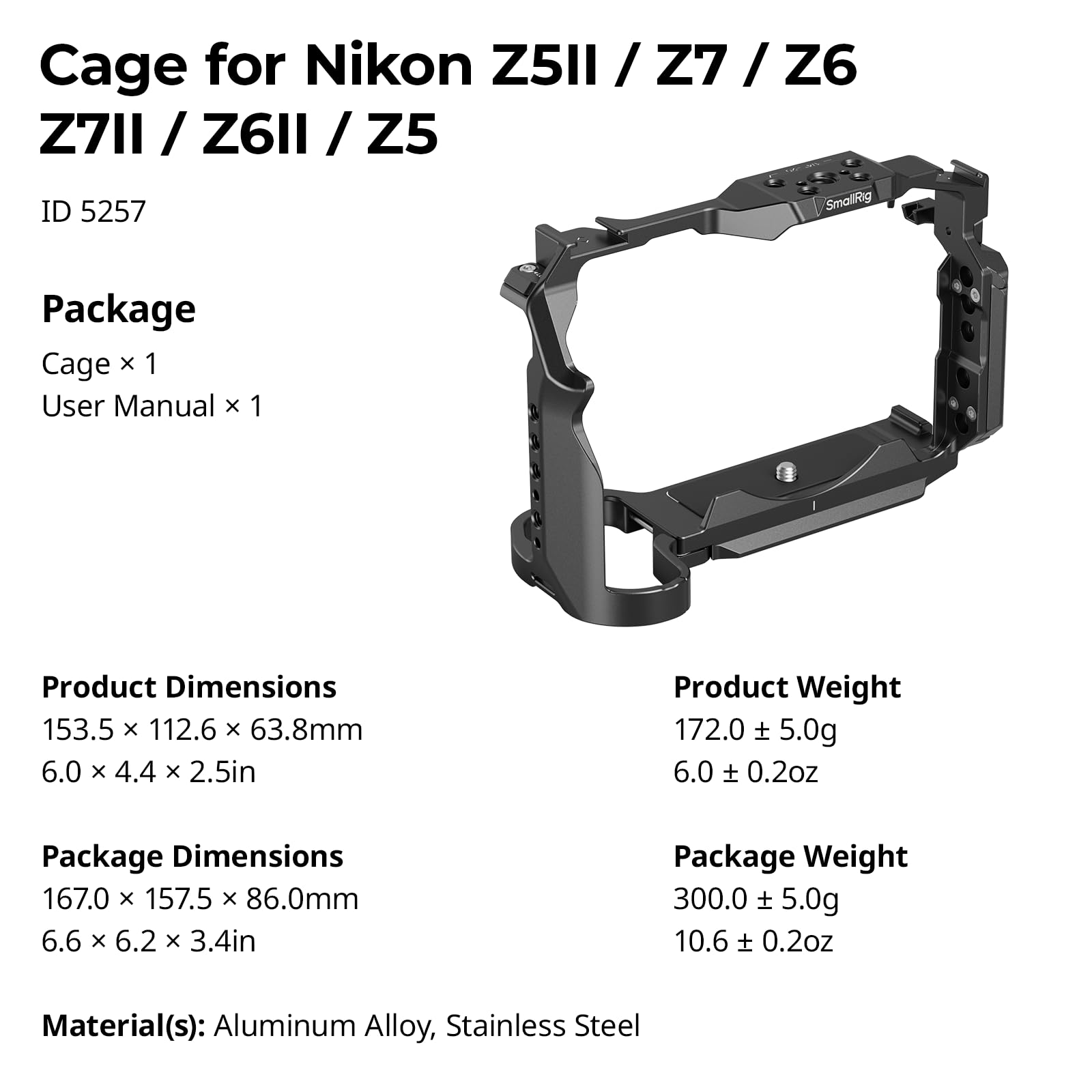 SMALLRIG Cage per Nikon Z5 II, Z5, Z6, Z6II, Z7, Z7II, Gabbia per fotocamera in lega di alluminio con attacco Cold Shoe Mount, 1/4''-20 & 3/8''-16 fori filettati, piastra a sgancio rapido per