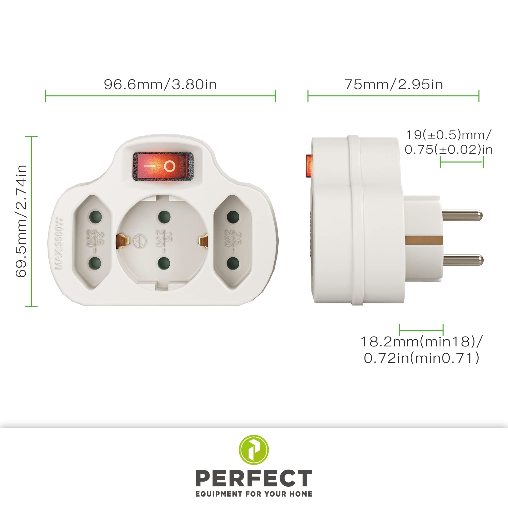 Wielokrotne gniazdko z włącznikiem/wyłącznikiem, 1 x gniazdo Schuko 16 A / 250 V AC, 2 x gniazdo Euro 2,5 A / 250 V AC, 3680 W, białe