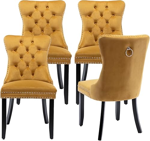 Miniatura 37 de Juego de 4 sillas de cocina modernas de terciopelo gris con anillo trasero, con patas de clavo, patas de madera maciza, tapizadas, sillas de mesa