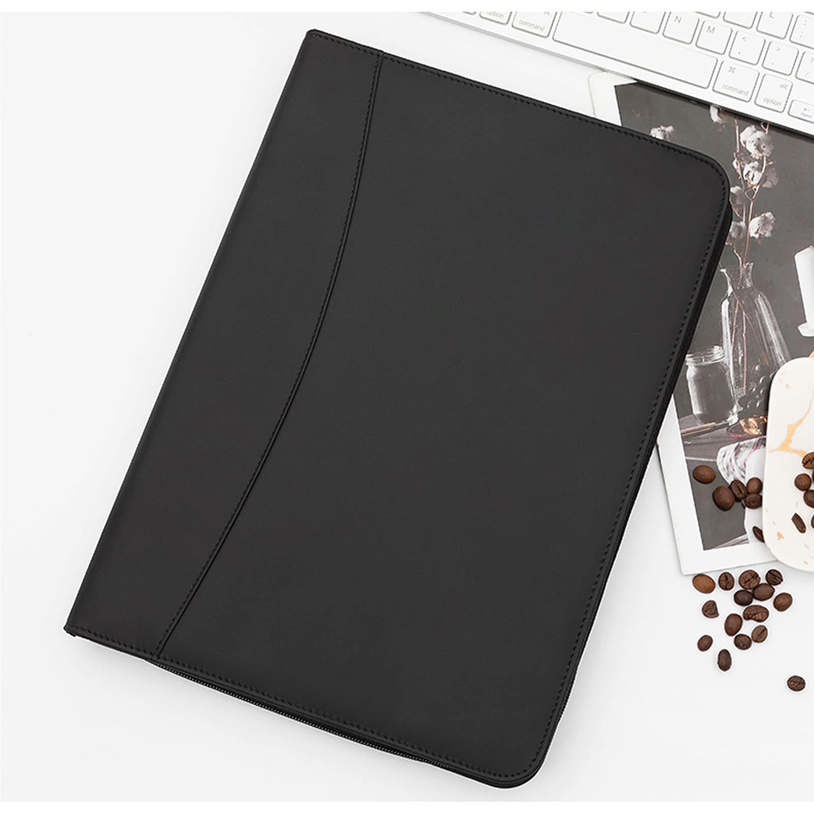 Organizator folderów Padfolio A4, zapinana na zamek, skórzana teczka, schowek, organizer na dokumenty z kalkulatorem, prezentacja biznesowa, notes do pisania, teczka do pracy, szkoły(Black)