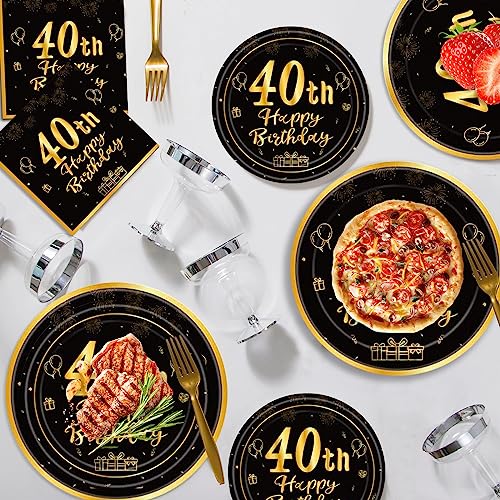 120Pcs 40th Birthday Party Supplies Plates Napkins Cups Forks Tableware Set Gold Black Happy 40th Birthday Themed Disposable Tableware Decoration Serves 24 Guests for Women and Men