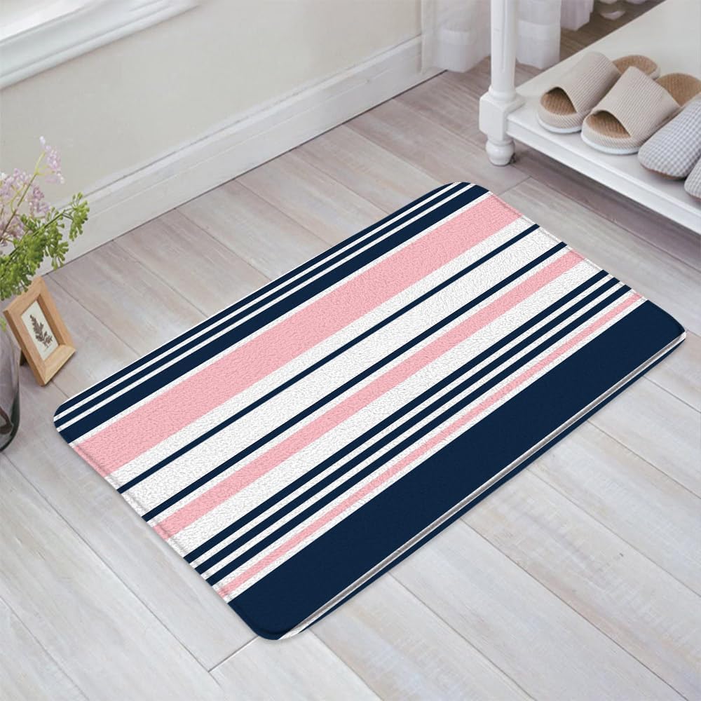 2 Pcs Navy Blue and Pink Striped Bath Mat Bathroom Rug Vertical Stripe Minimalist Modern Vintage Classic Memory Foam Soft Floor Rug, 24"x35"and 17.8"x29.5"