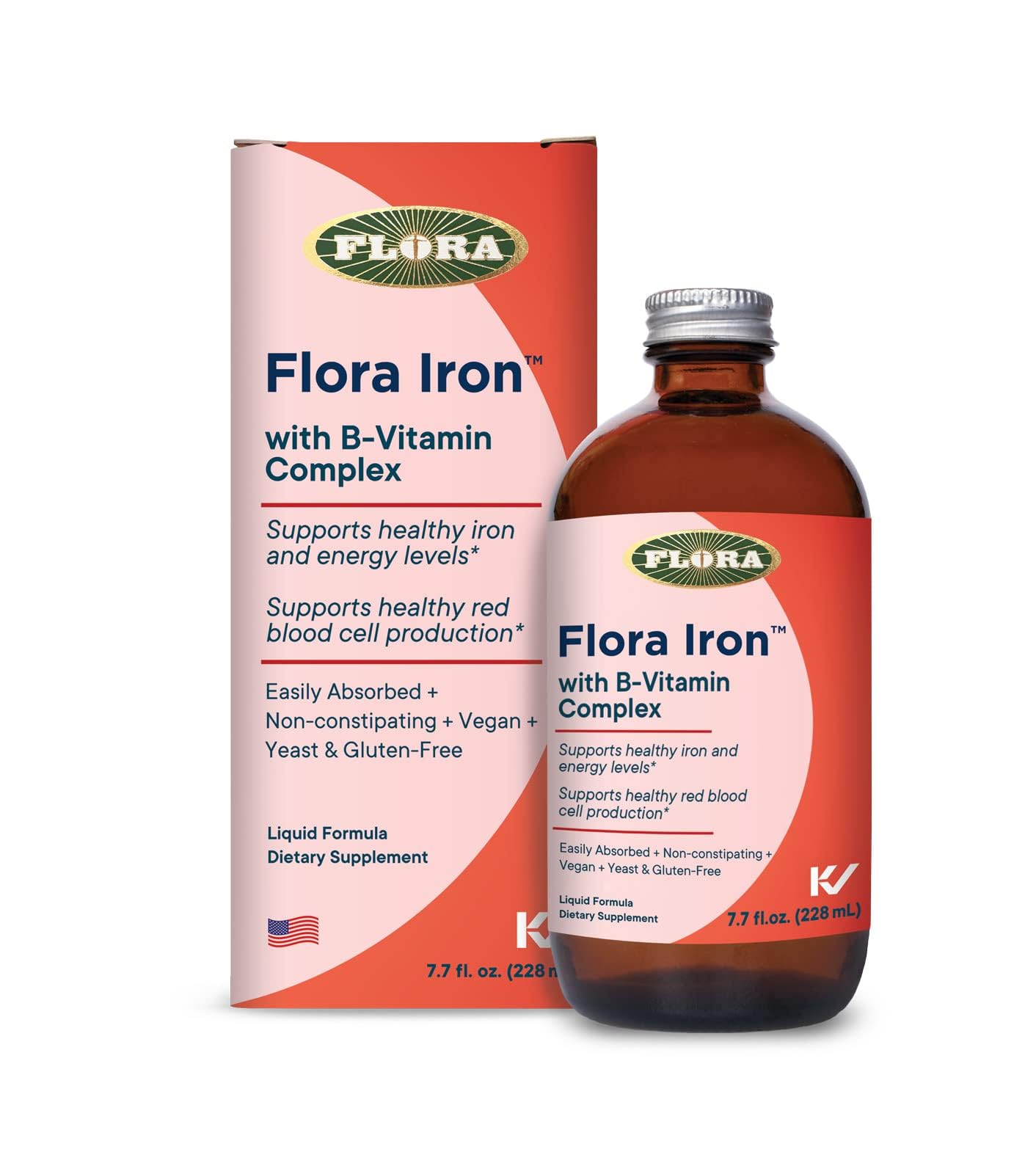 Flora Iron with B-Vitamin Complex - Helps Maintain Healthy Iron Levels - Non-Constipating, Highly Absorbable - Vitamin-B & Liquid Iron - Vegan Supplement - Yeast & Gluten Free, 7.7-oz. Glass Bottle