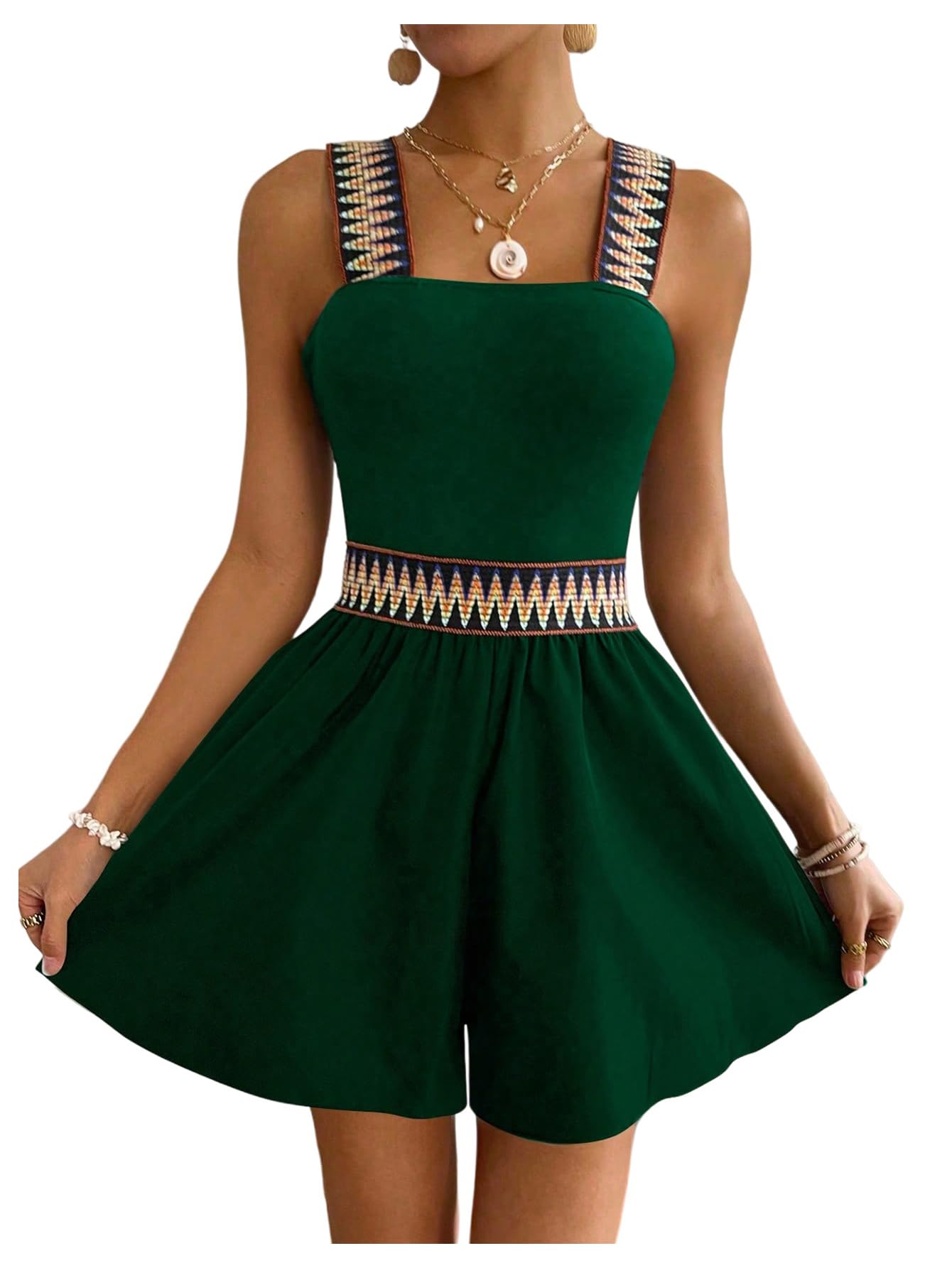 Milumia Women's Chevron Print Sleeveless Rompers Wide Strap Shorts Jumpsuit