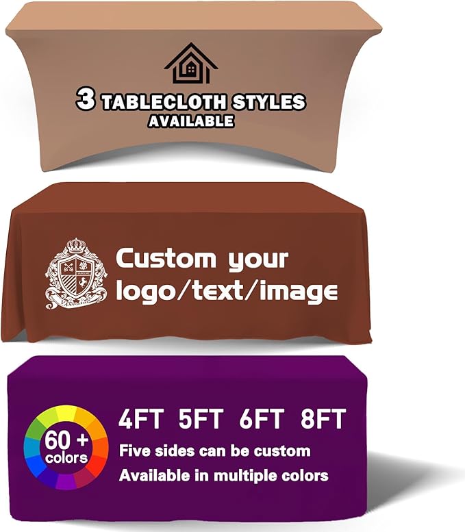 Customized Tablecloth with Logo 4/5/6/8/10FT for Business Tradeshow Events Company School Shop Welfare Organization Other Important Events Shipping Next Day (Flat tablecloth, 8FT back closed)