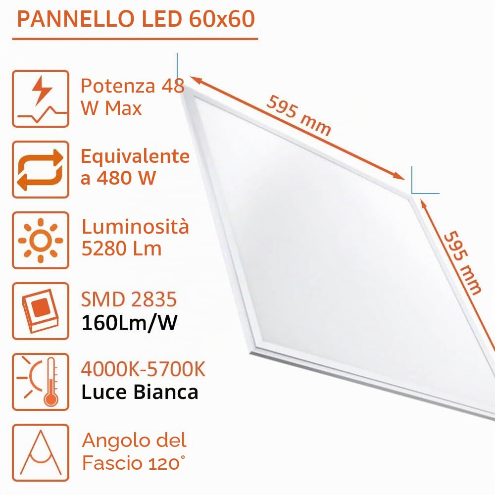 FactorLED Pack x10 Pannelli LED Slim 60x60 cm, 48W, non si sfalda, 5280 lumen, luce bianca 4000K, driver inclusi