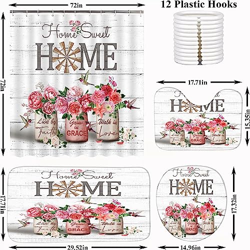 ALEXEX-4-PCS-Red-Rose-Peony-Shower-Curtain-SetsHome-Sweet-Bathroom-Set-with-Shower-Curtain-and-Rugs-and-AccessoriesFarmhouse-Country-Shower-Curtain-Bathroom-Decor-with-12-Hooks72-X-72-Inches ALEXEX 4 PCS Red Rose Peony Shower Curtain SetsHome Sweet Bathroom Set with Shower Curtain and Rugs and AccessoriesFarmhouse Country Shower Curtain Bathroom Decor with 12 Hooks72 X 72 Inches