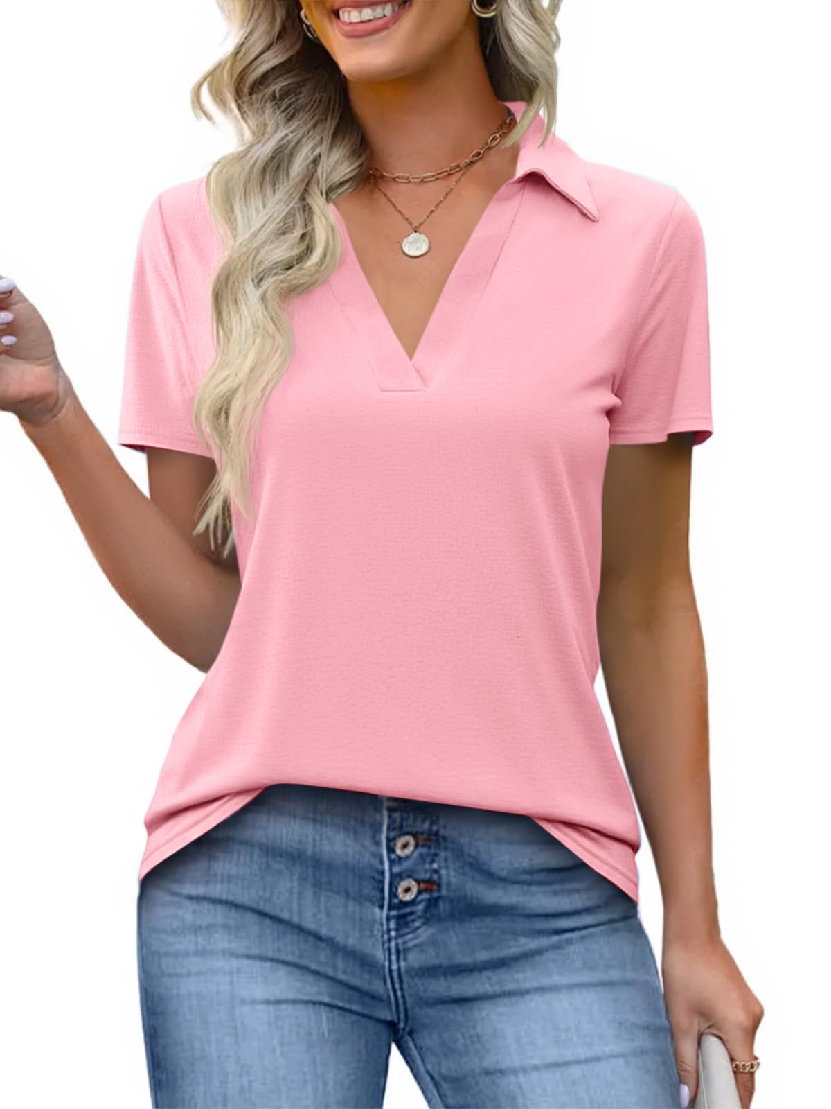 Imily Bela Womens Short Sleeve Polo Shirts V Neck Business Dressy Casual Tops Summer Collared Trendy Tees
