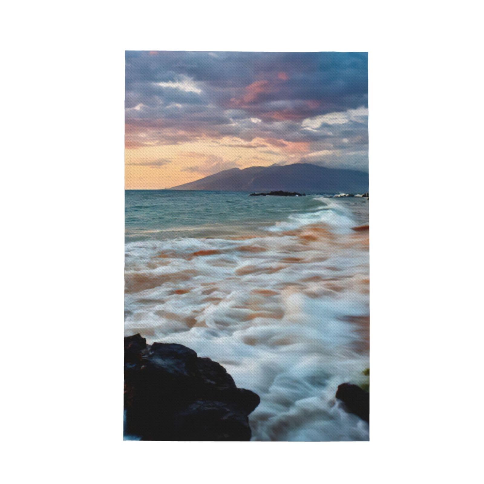 CKGODGF Beach Maui Hawaii Sunset Sea Waves Clouds Print Absorbent Waffle Dishcloths,Kitchen Towels With Hanging Loops,Tea Towels.