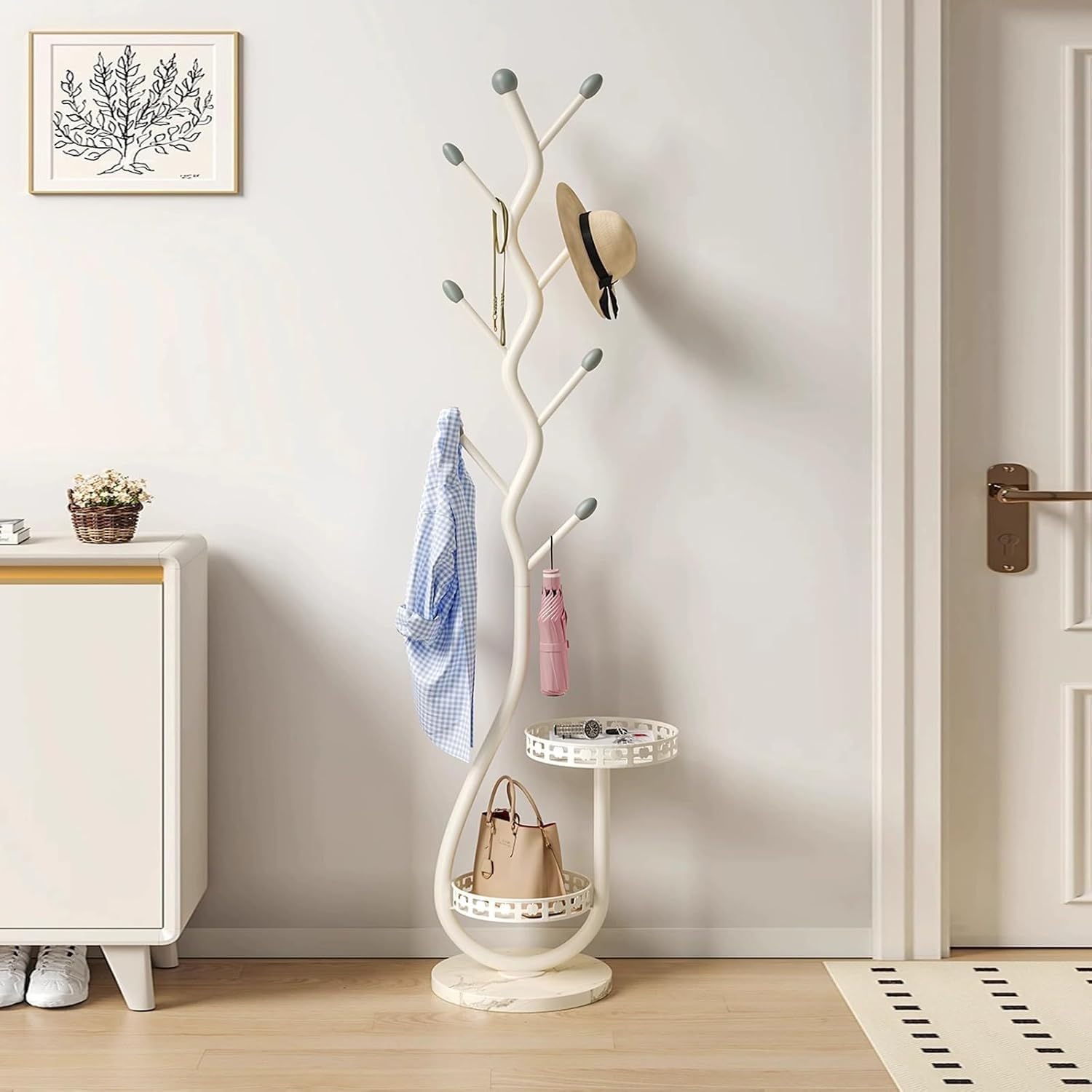 FGXHHS Modern Metal Coat Rack with Marble Base, Freestanding Bag Holder & Double Layer Basket for Entryway, Hallway, Bedroom - Stylish Storage Solution, 30x30x170CM