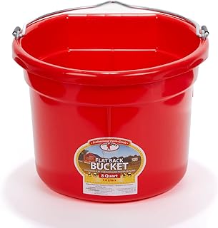 Little GiantÂ® Flat Back Plastic Animal Feed Bucket | Animal Feed Bucket with Metal Handle | Horse Feed & Water Bucket | 8 Quarts | Red