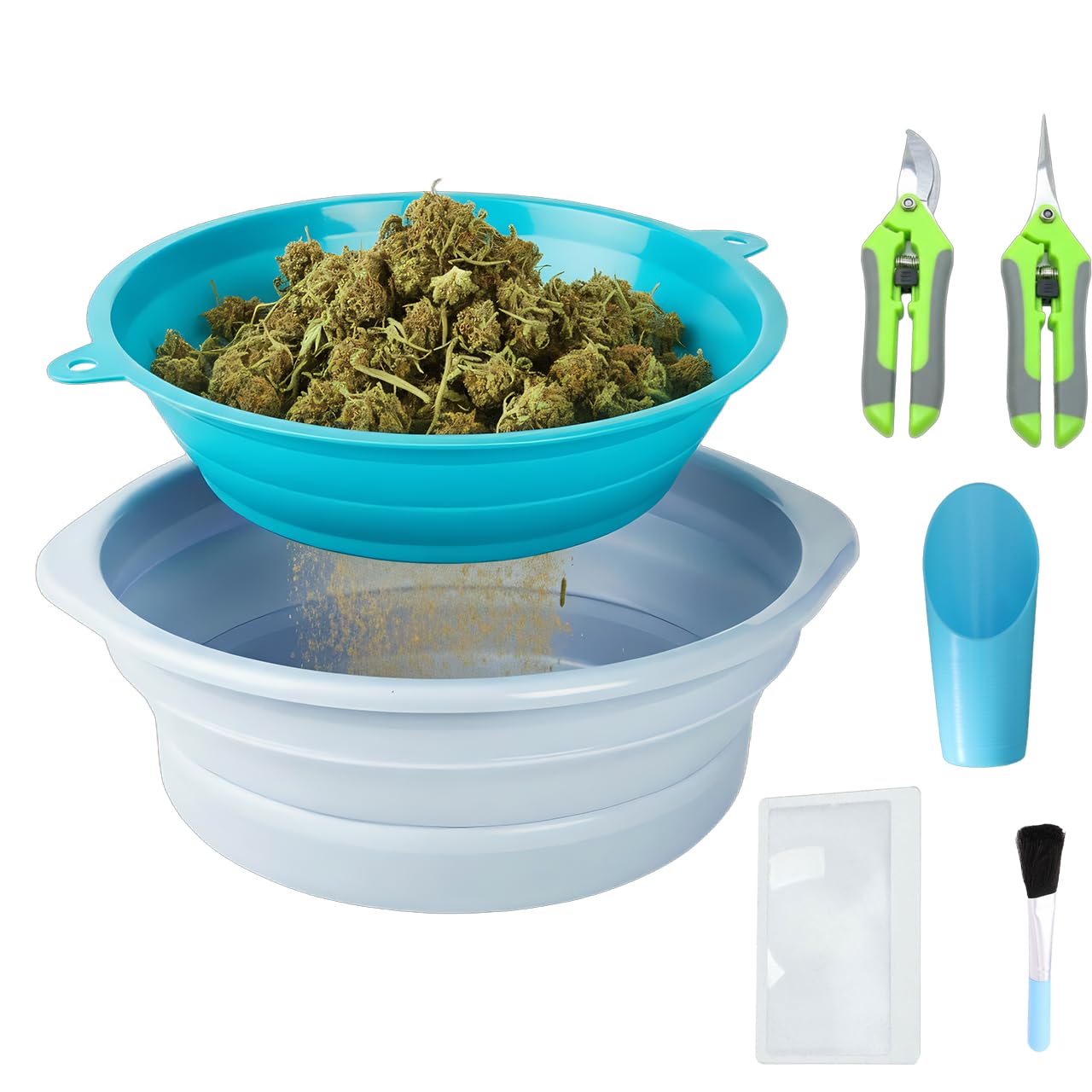 Kit de Trim Pliable - Station de Récolte avec Tamis 150 Microns - Comprend Ciseaux Courbés et Droits, Loupe et Pinceau - Plateau de Récupération de Pollen Professionnel (Pliant)