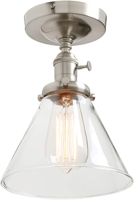 Phansthy Industrial Ceiling Light Fixtures with Switch, Funnel Clear Glass Hallway Lighting Close to Ceiling E27 Base, Flush Mount Hanging Lamp Suitable for Kitchen Loft Cafe Bar (Brushed Steel)