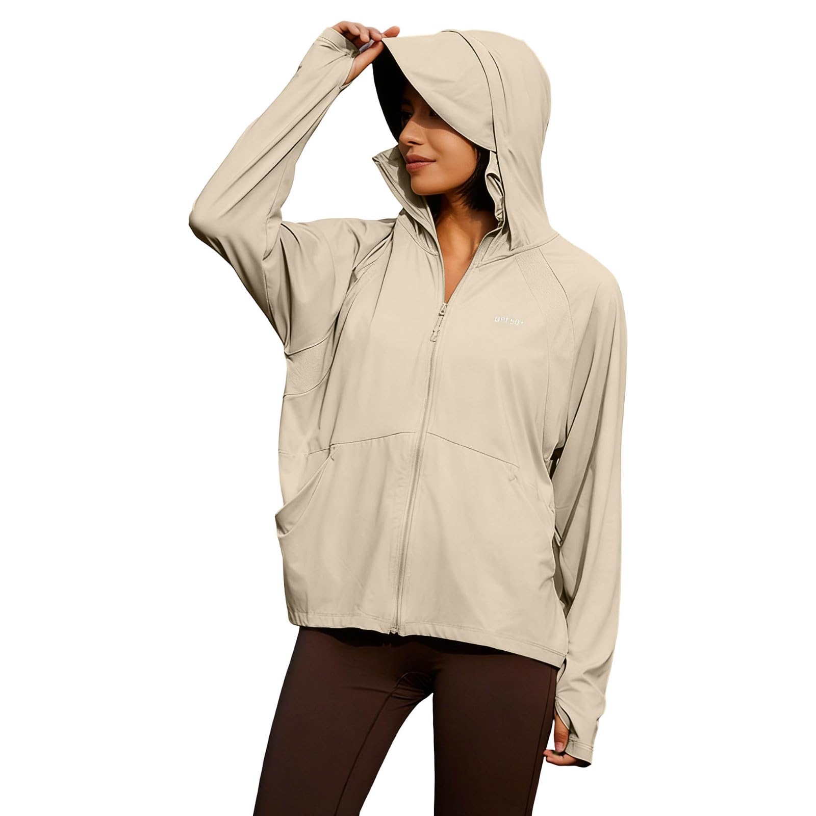 Upf 50+ Kapuzenjacke Damen Uv Sportjacke Atmungsaktive Schnelltrocknend Jacke Mit Kapuze Stretch Sommerjacke Angeln Sonnenschutz Laufjacke Dünne Einfarbige Rashguard Dry Fit Sonnenschutzkleidung M-XXL