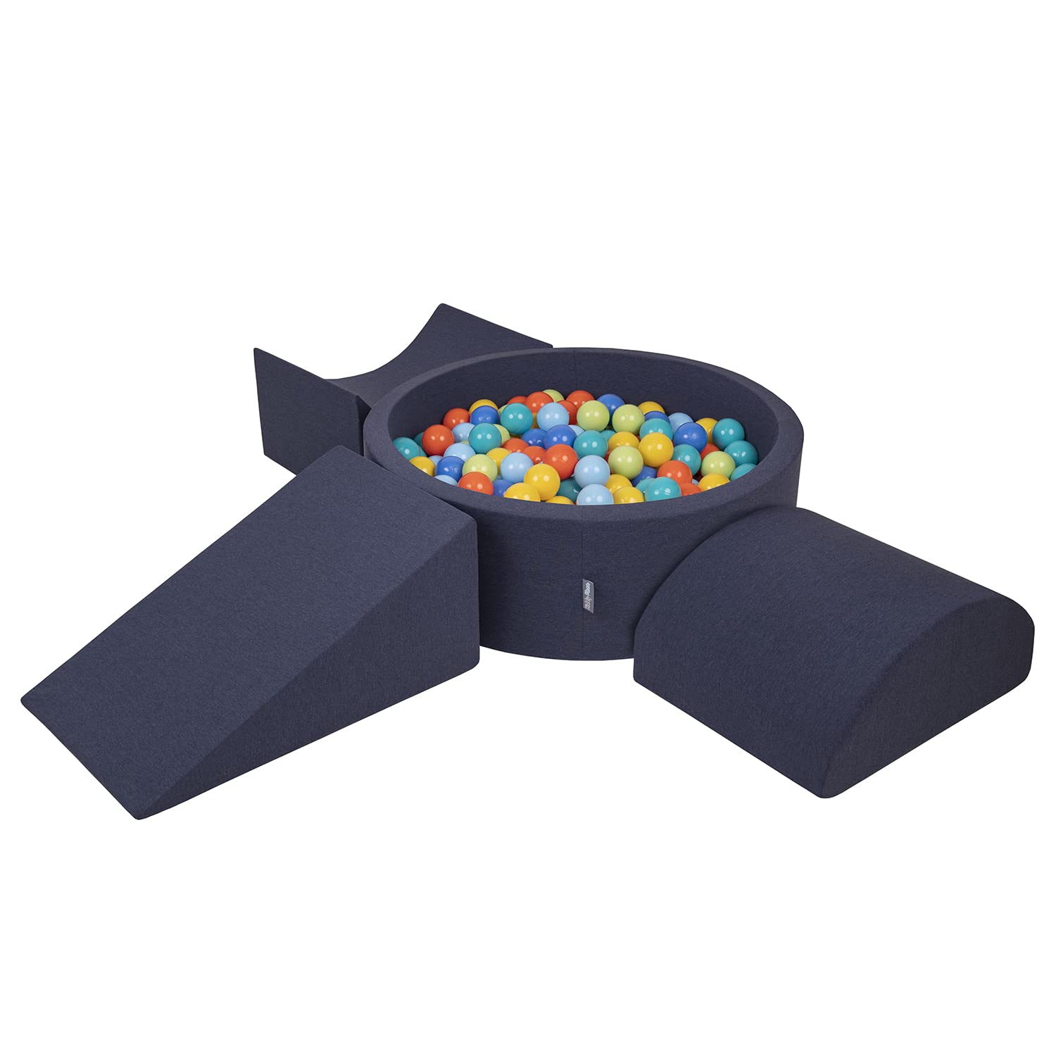 KiddyMoon Foam Playground For Kids With Round Ballpit (300 Balls ∅ 7Cm/2.75In) Soft Obstacles Course And Ball Pool, Made In The EU, Darkblue:Lgreen/Orange/Turquoise/Blue/Bblue/Yellow