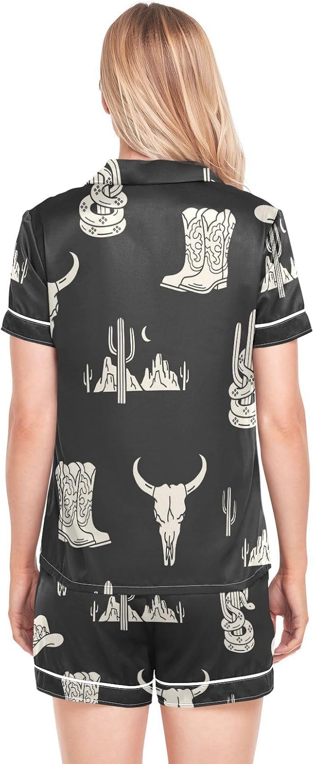 Womens Silk Satin Pajamas Set Western Theme Womens Short Sleeve Shorts Set 2 Piece Sleepwear Lounge Set S-XXL - Image 3