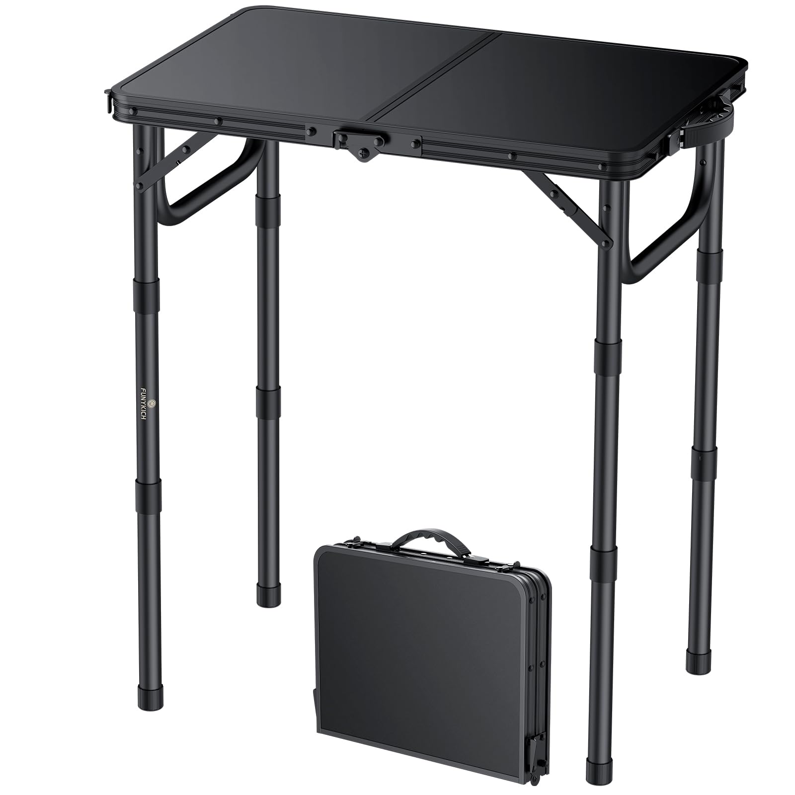 FUNYKICH Campingtisch Klapptisch 58x40cm, Faltbarer Grilltisch mit 3 Höhen Verstellbarer(26/48/70cm), Aluminium Tragbar Falttisch, MDF Platten Multifunktionstisch für Picknick Camping Balkon - Schwarz