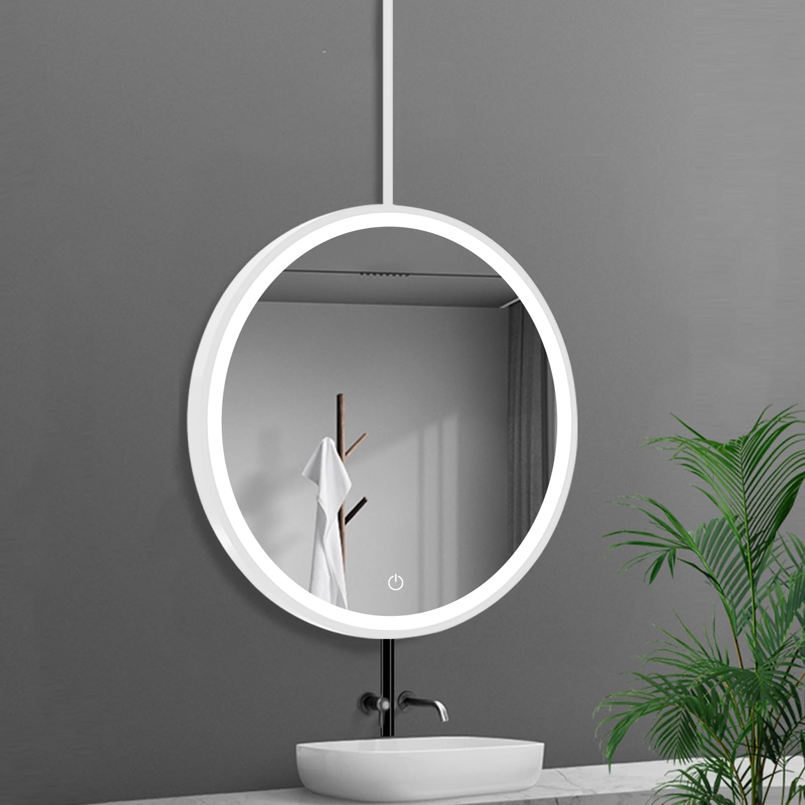 ITOSUI Bathroom Mirror with Lights, LED Hanging Rod Mirror with Metal Framed and Ceiling Rod, Large Circle Mirrors for Bedroom Living Room - 3 Colors Adjustable(Diameter-60CM/23.6INCH)