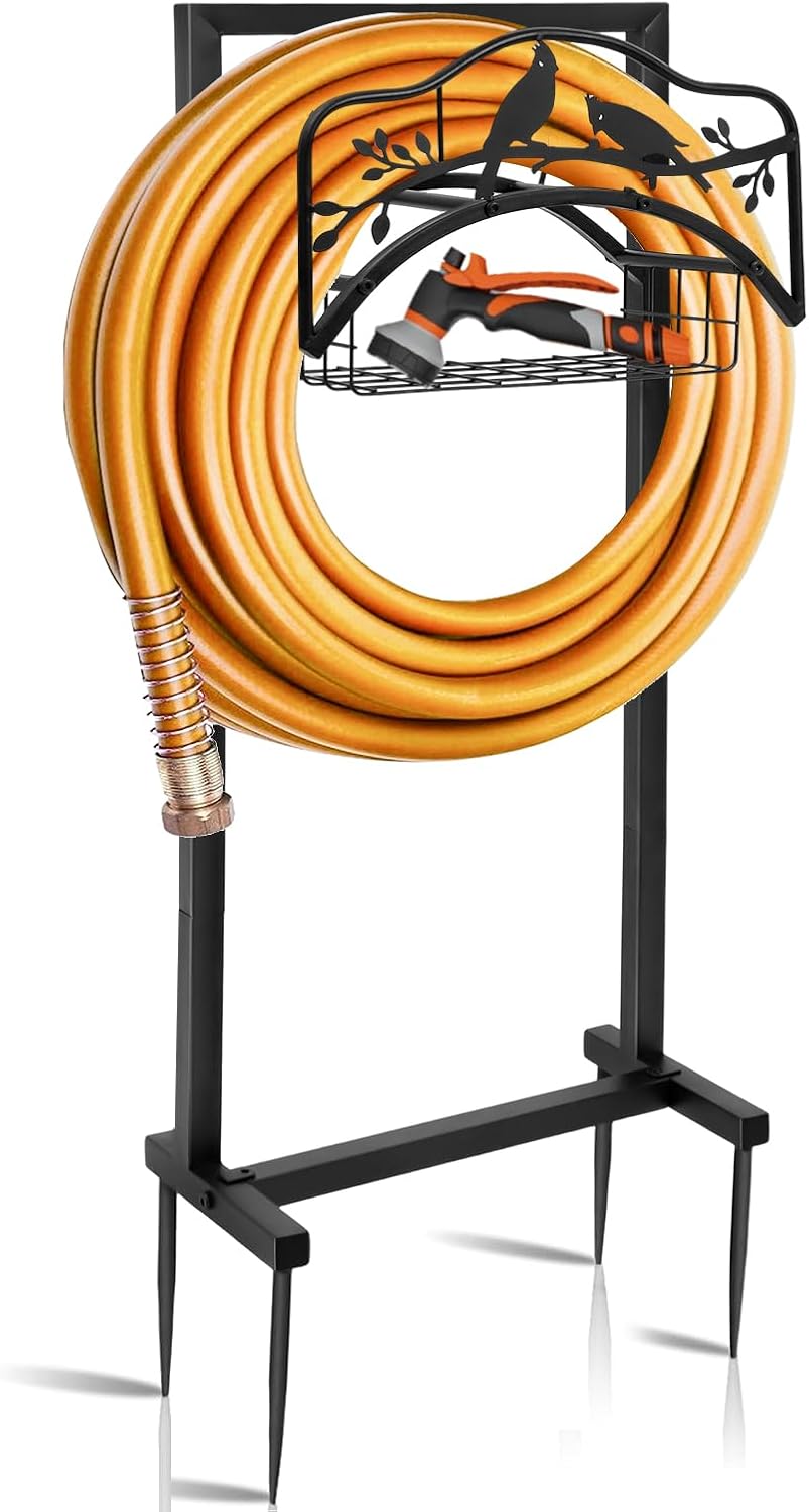 Garden Hose Holder With 4 Spikes, Freestanding Metal Hose Reel for Outside Garden, Detachable Water Hose Hanger Organizer for Yard Lawn