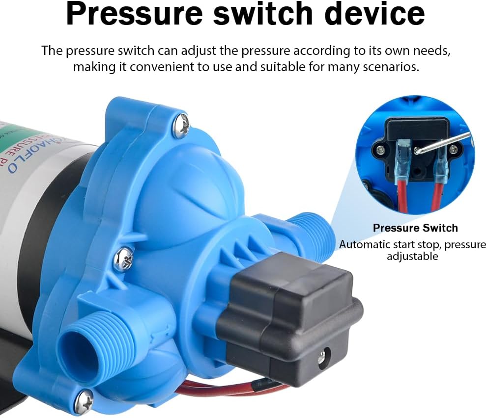 12V DC Electric High Voltage Diaphragm Pump, Equipped with pressure switch，4.0GPM, 45PSI, In line Water Transfer Pump, Camping Water System, Garden Hose and Pump Demand Water Pressure Boosting Pump