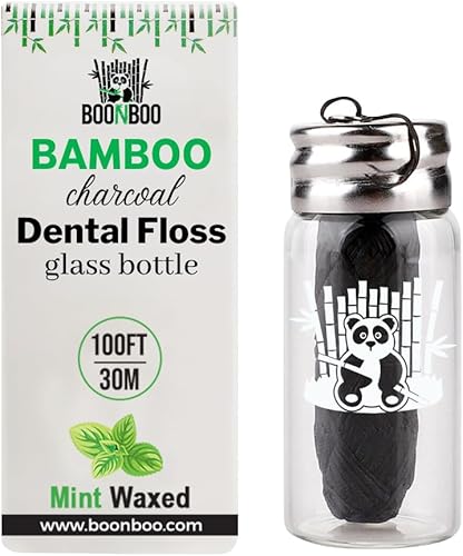 Miniatura 2 de BOONBOO Hilo dental | Dispensador de hilo tejido de bambú de 100 pies/98.4 ft + 8 piezas de 100 pies | Sabor menta | Botella de vidrio recargable |