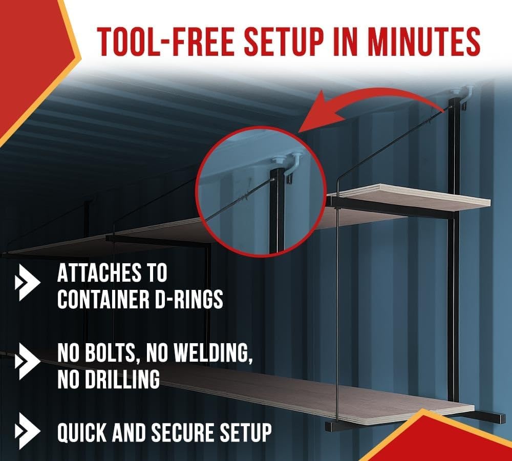 Mytee Products 4 Pack 2 Tier Shipping Container Shelving Bracket with Hooks - 19-3/4"x34, 550 lbs WLL - Black Powder Coated Steel for Heavy Duty Trailer Containers - Easy to Assemble & Remove