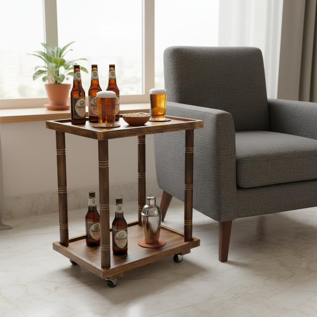 solid mango wood foldable serving trolley | antique burnt finish bar & kitchen cart with wheels