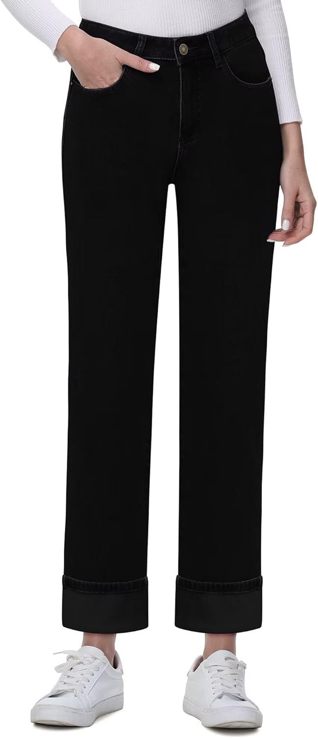 KDF Women's Fleece Lined Jeans Women Straight Leg Winter Fleece Lined Pants High Waist Lined Jeans Heated Wide Leg Jeans