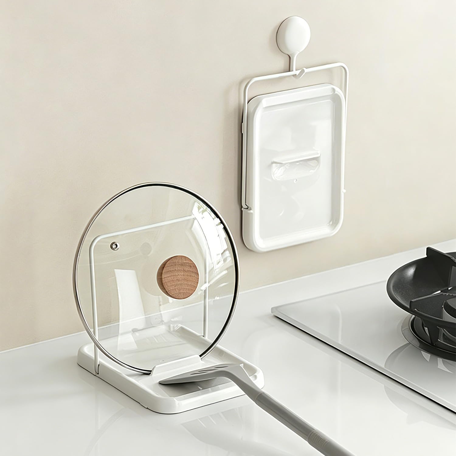 1PCS Pot Lid Holder, 2 in 1 Spoon Rest & Lid Organizer for Kitchen Counter Stove Top, Foldable Pan Lid Storage Rack with Nonslip Pads, Kitchen Utensil Holder for Pots Pans Lids, White