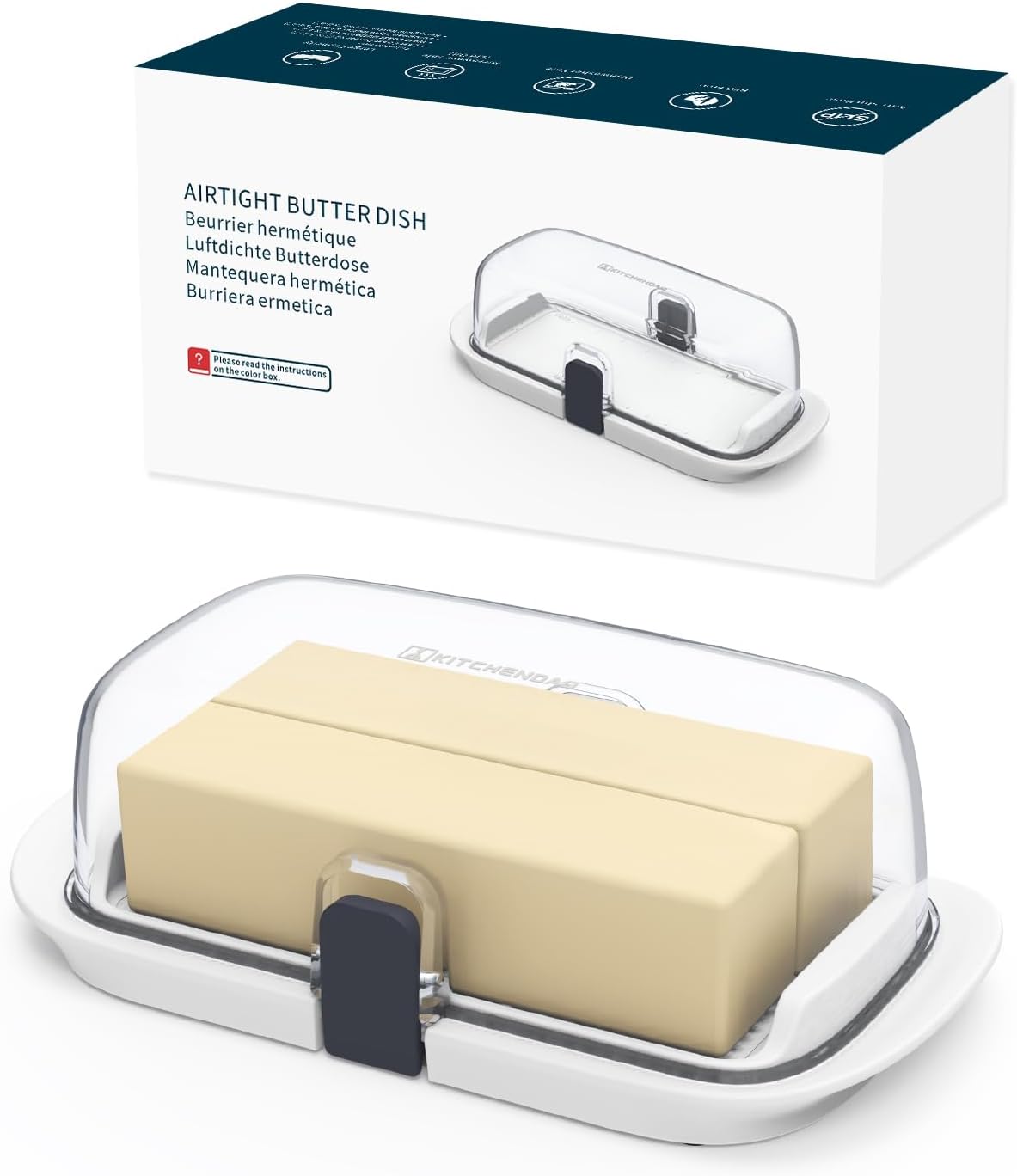 KITCHENDAO Large Airtight Butter Dish with One-Handed Lid - Fits East/West Coast, European & Kerrygold Butter, Countertop Keeper (White)