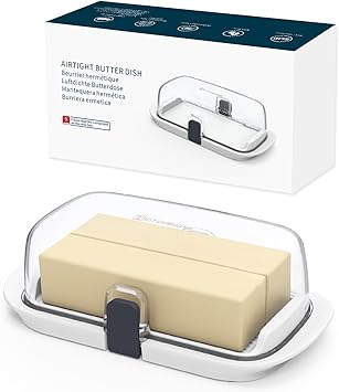 KITCHENDAO Large One-handed Butter Dish with Lid for Countertop, Airtight Butter Holder with One Press to Open/Close Secure Latching Buckle for East Coast/West Coast/European/Kerrygold ButterWhite