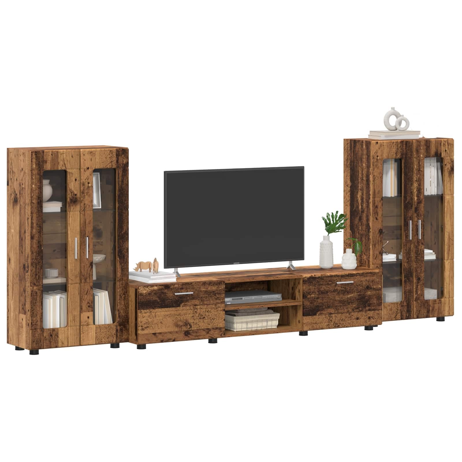 Florin, set di mobili per TV, 3 pezzi, in legno anticato, con ampio spazio di archiviazione, credenza e mobile basso per soggiorno, set di mobili moderni e portaoggetti funzionali