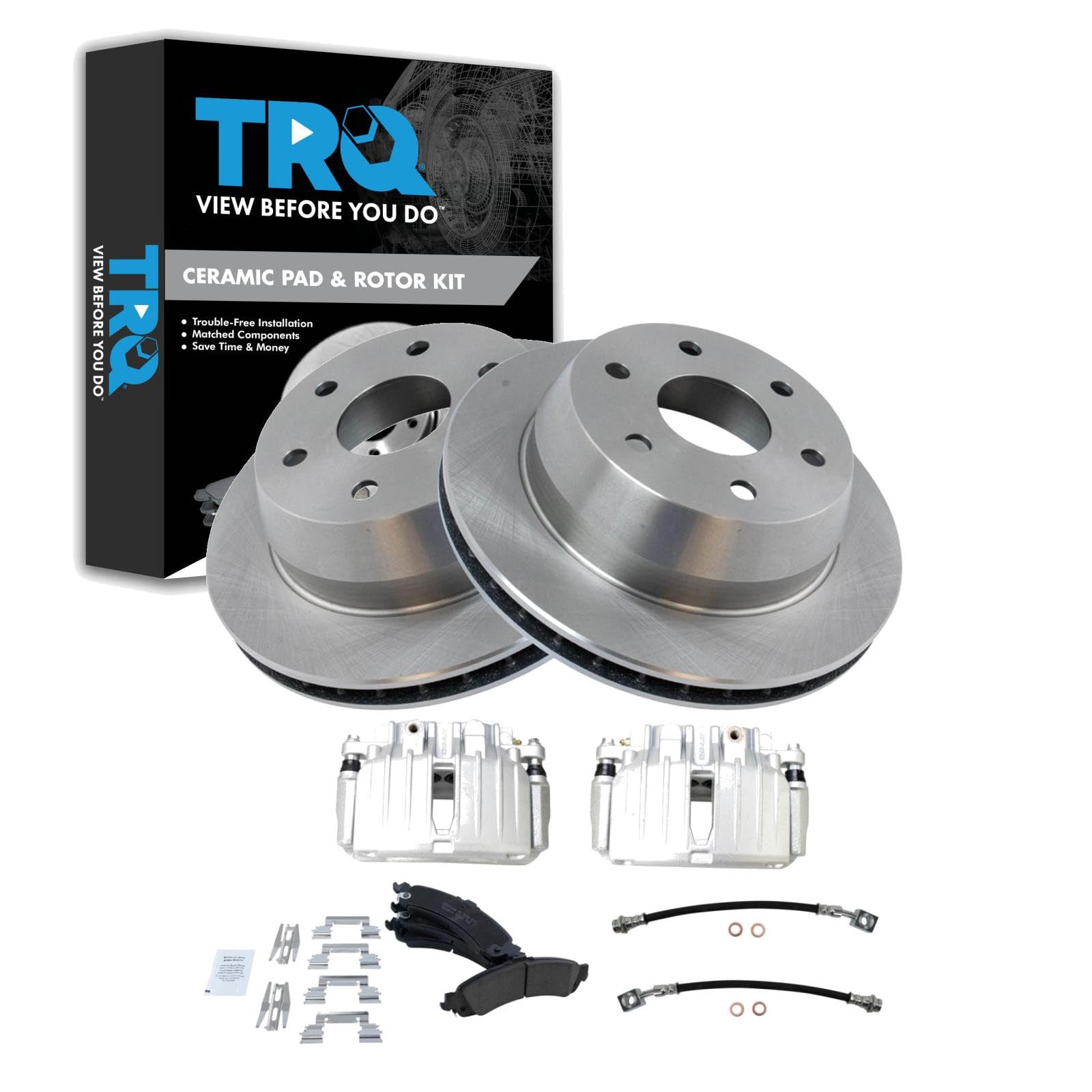 TRQ Brake Pad &amp; Rotor Kit Ceramic Compatible with 02-06 Cadillac 00-06 Chevrolet GMC