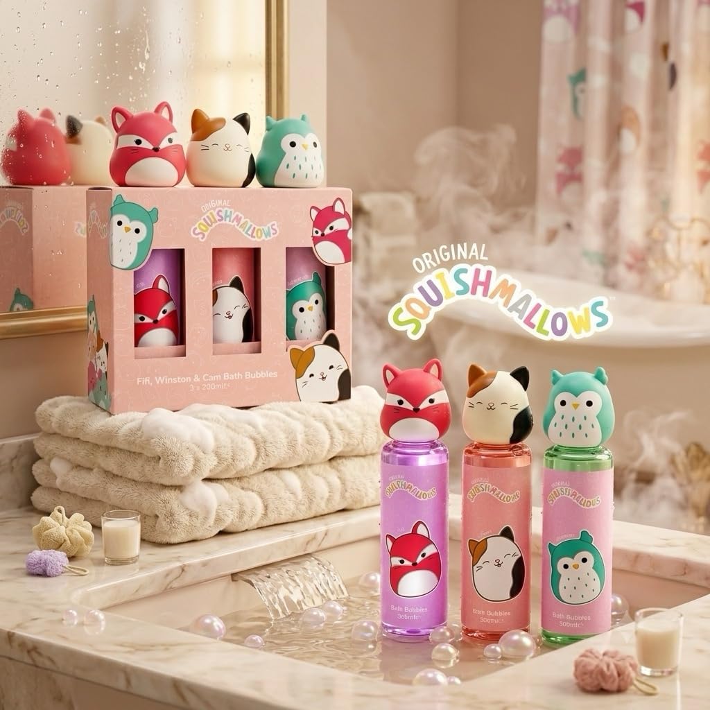 Squishmallows - Baño de burbujas para niños, 300 ml cada uno, Foxy Fruity, Cam Purrfect, Winston Feelin' Mallow, divertidas botellas coleccionables de personajes con tapas blandas