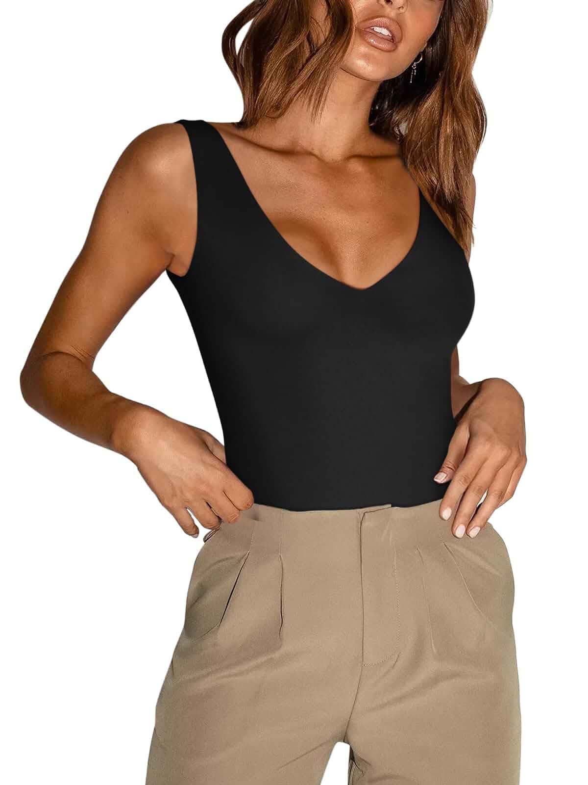 REORIA Butsmooth® Women's V Neck Backless Bodysuits Tank Tops Thong Bodysuit,Leotards,Sleeveless,Double Lined,Tank Tops,Sexy,Going Out Body Suits,Fashion Clothes