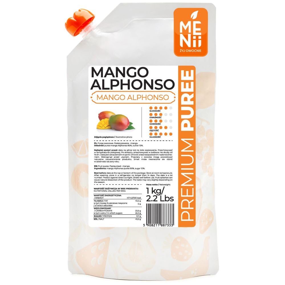 Puree Alphonso 1 kg z cukrem – Tropiczne przecierowe owoce do deserów, ciast, lodów, smoothie, drinków, sosów i nadzień – Profesjonalne opakowanie dla gastronomii, cukierni i domowych wypieków