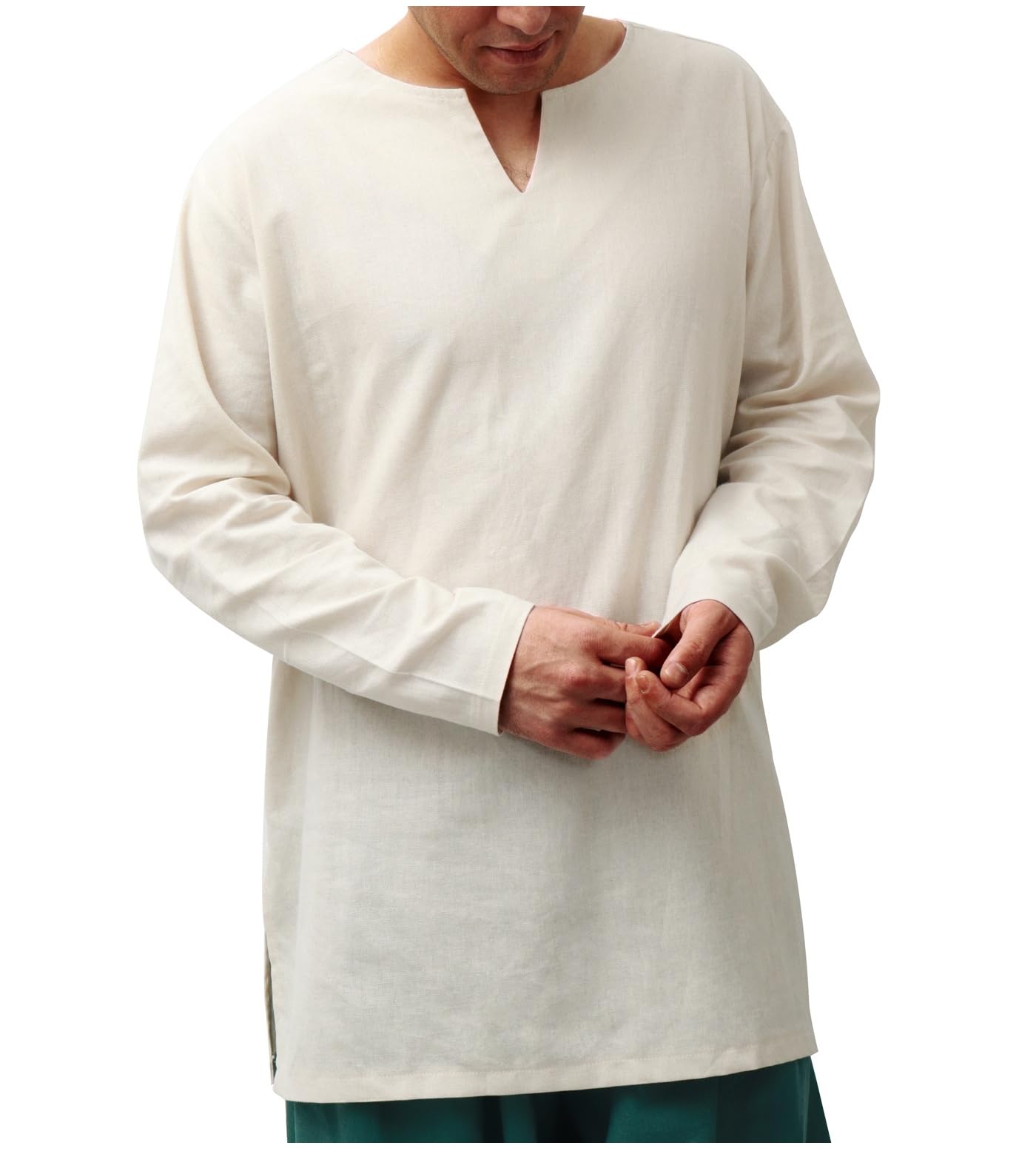 ANINECT Mens Medieval Shirt Linen Undershirt Tunic Long Sleeves Renaissance Pirate Cosplay Costumes for Halloween, Ivory, S