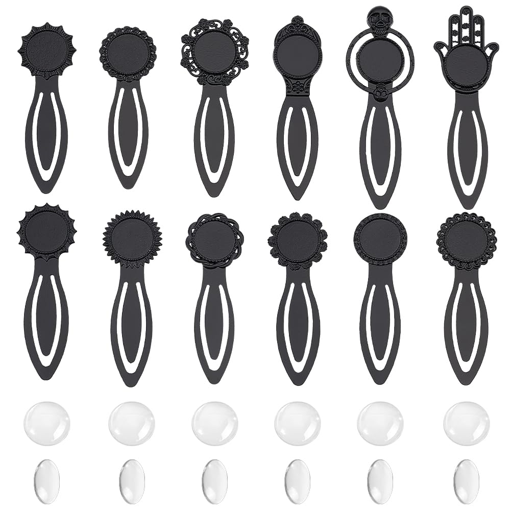 NBEADS 12 Sets Bookmark Pendant Tray Kit, Including 12 Pcs Alloy Bookmark Cabochon Trays and 12 Pcs Transparent Glass Dome for DIY Craft Bookmark
