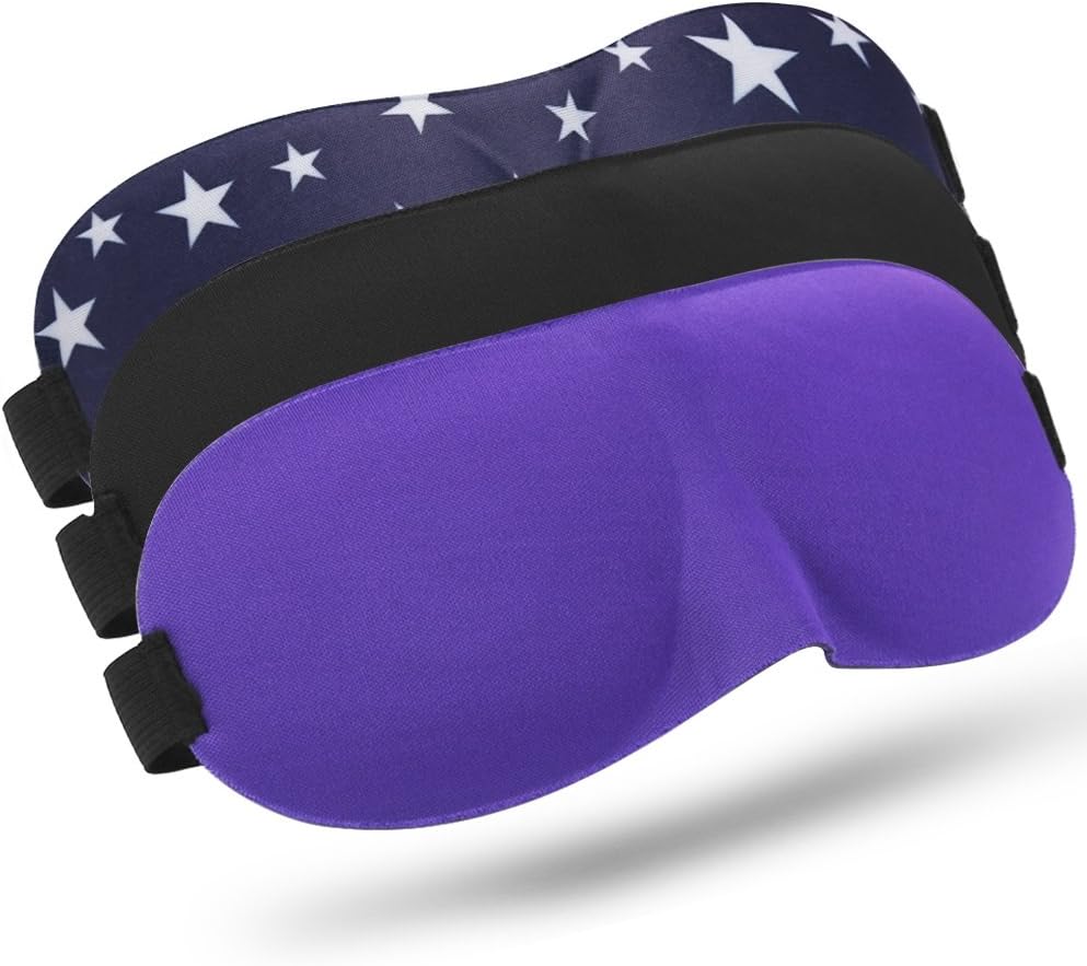 3PCS Sleep Mask Night, Eye Mask for Sleeping with Adjustable Strap, Comfortable & Soft for Women and Men, Sleeping Aid, 3D Contoured Blindfold for Travel, Shift Work, Blocks Light, Black/Purple/Star